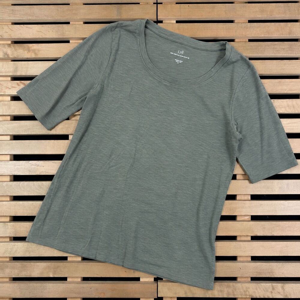 J. Jill 100% Pima Scoop Neck Elbow Sleeve Tee Tunic Green Lightweight Sz L READ